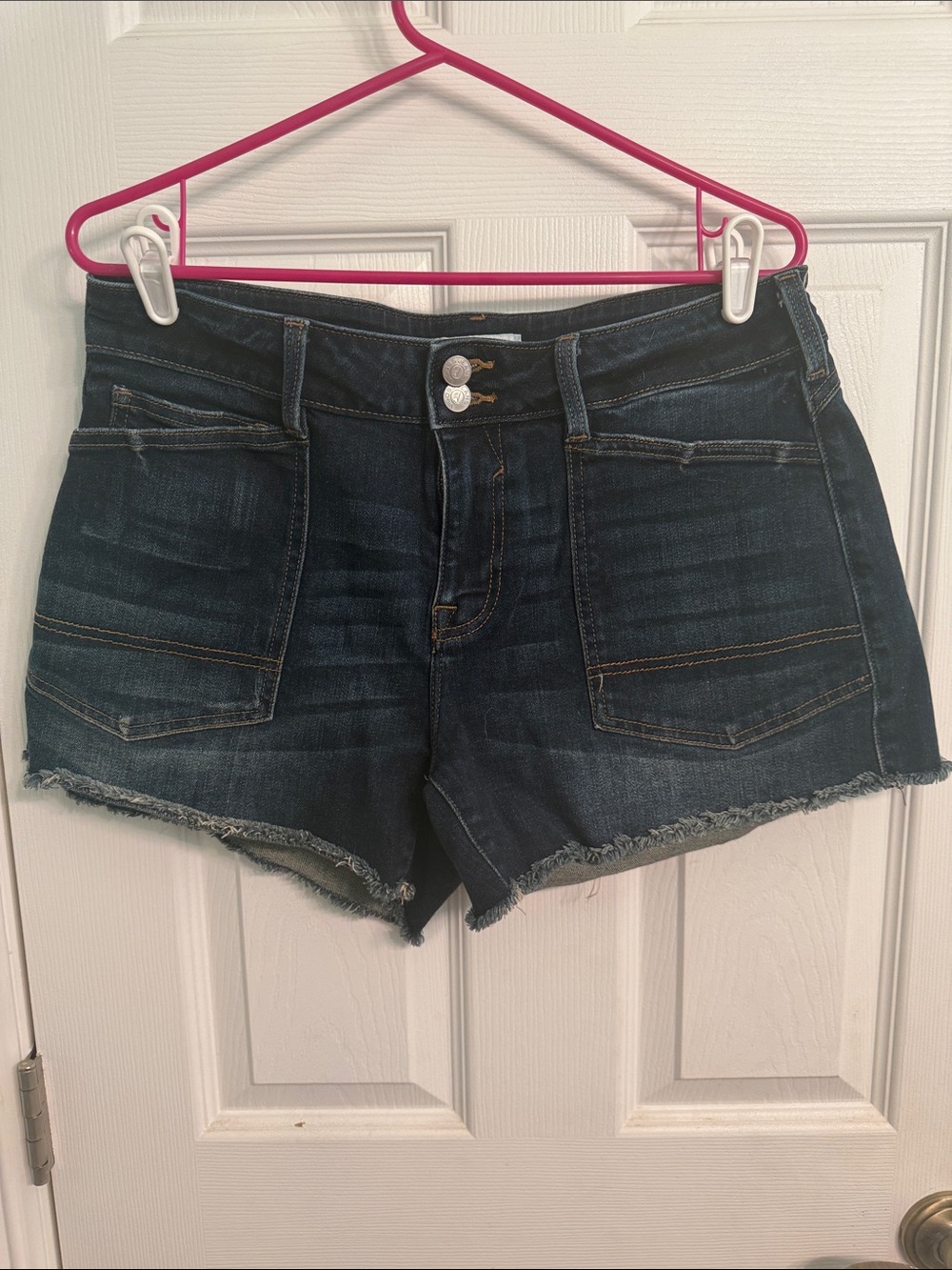 Vigoss Dark Blue Distressed Denim Shorts with Dual Button Waist
